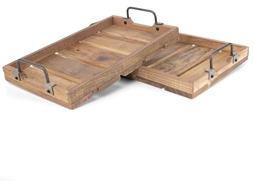 LIN HOME XZ-23279+XZ-23280 Juego de Bandejas de Madera 2 Piezas con Asas de Acero - Bandeja Grande Rectangular para Servir Comidas
