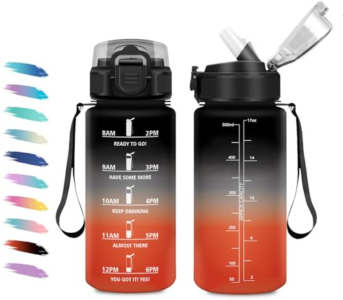 Borraccia Bambina 500ml, a Prova di Perdite, Bottiglia Motivazionale con Cannuccia, Bottiglia Acqua Sportiva con Indicatore del Tempo, Borraccia per Bambini, Campeggio, Scuola, Ufficio, Lavoro