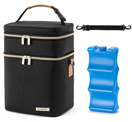 BABEYER Sac Isotherme pour Lait Maternel avec Sac à Glace pour 6 biberons jusqu'à 9 onces, Anti-Fuite, à Double Niveau, avec bandoulière, pour Les Mamans allaitantes et Qui travaillent, Noir