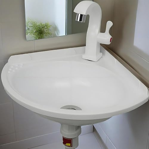 Lavabos de Esquina Pequeño Lavabo de Montaje en Pared Fregadero de Esquina Plástico Con grifo y desagüe,Sin Taladrar,Para Wc De Invitados Y Baño