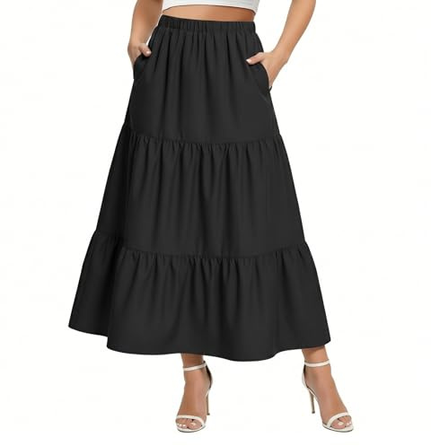 BSBUY Donna Pieghettato Retro Maxi Gonna Lunga 2 in 1 Gonna Abito Bohemien Sciolto Festa in Spiaggia Vestito Indossare Elastica A-Linea con Tasche(M-Nero)