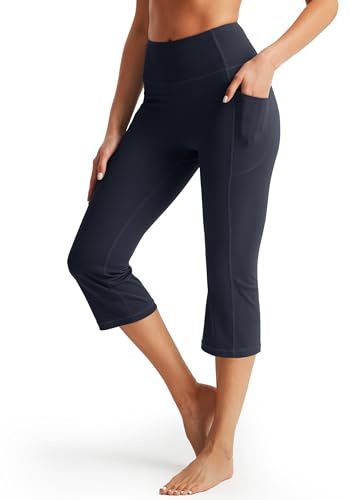 Libin Leggings Sportivi Estivi per Donna Corti 3/4 con Vita Alta Capr,i Morbidi per Yoga Sport Running e Pilates in Palestra Tuta con Elasticità e Pantaloni con Tasche, Blu Marino S
