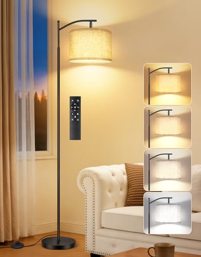 OUTON Lampada da Terra Dimmerabile Continuo 3000K-6500K, LED con Telecomando Magnetico e Pedale, Timer 1H e Memoria, Testa Rotante 90°, Paralume in Lino Bambù, 9W, per Soggiorno Camera Ufficio