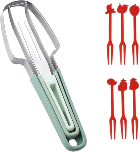 ZIOYANE 1 pz. Tagliafrutta 3 in 1, forchetta per meloni a doppia punta in acciaio inossidabile e tagliafrutta per anguria e frutta estiva (verde)