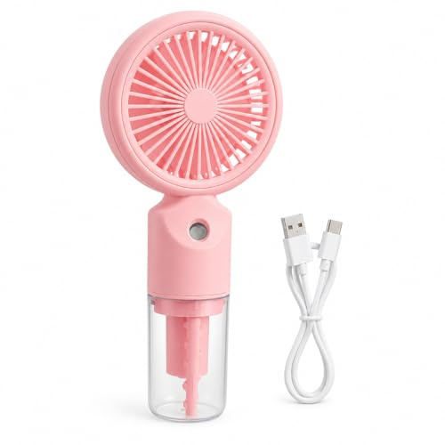 Mini Ventilador Portátil con Pulverizador de Agua, Ventilador de Mano Recargable USB-C con Depósito 25 ml, 3 Velocidades, Batería 500 mAh, Ventilador Pequeño Silencioso para Viaje Oficina Playa