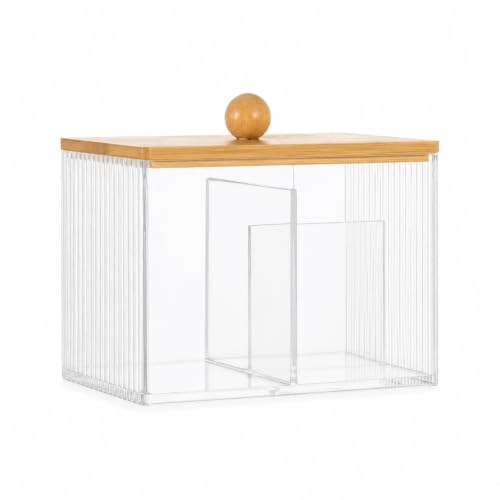 evergoods Acrylic Cotton Bud Holder Lid 3 Compartment Bathroom Organizer | Cotton Bud Holder with Wooden lid design for Bathroom Vanity & Dressing Table