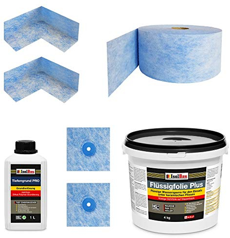 Isolbau Kit d'étanchéité - Avec 1 film liquide PLUS (4 kg), 1 fond de profondeur PRO (1 L), 1 bande d'étanchéité (5 m), 2 coins intérieurs et 2 manchettes