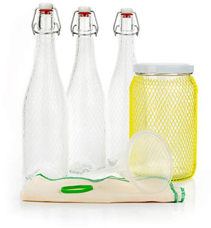 myFERMENTS Kit Préparation Boissons Probiotiques - Set de Fermentation pour Bière, Kefir - Grands Bocaux en Verre de 2L, 3 Bouteille de 750ml avec Joint Hermétique, Entonnoir 10cm, Tissu Mousseline