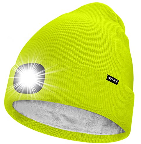 ATNKE LED Gorro con Luz,USB Recargable 4 LED Luz Gorra para Correr Super Brillante Invierno Cálido Vellón Forro Punto Gorro Regalos para Hombre y Mujer/Fluorescent Yellow