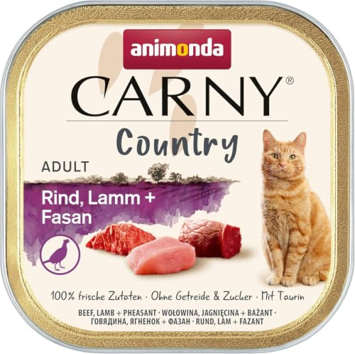 animonda Carny Vuxenland Kattmat, våtfoder för katter i praktisk portionsskål med nötkött, lamm + fasan, 32 x 100 g