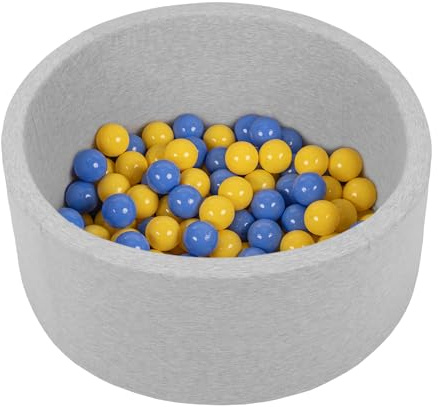 Petsona Piscina para Perros De Bolas, Suave Espuma Piscine para Gatos Piscina De Bolas Redonda Mascotas, 70X30cm/150 Bolas, Gris Claro: Azul/Amarillo