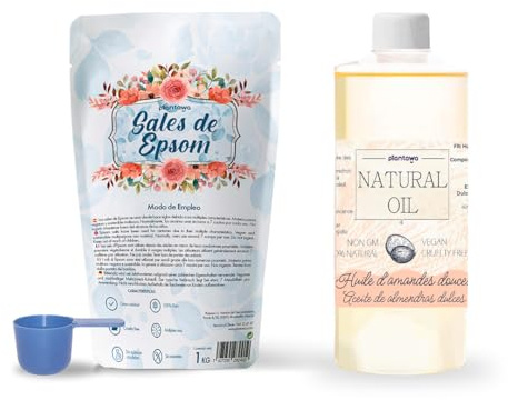 PLANTAWA Pack Sales de Epsom 1KG + Aceite de Almendras Dulces 500ml | Mejora del Sueño y Relajación Muscular, Hidratación Profunda, Nutrición para Piel y Cabello, 100% Natural