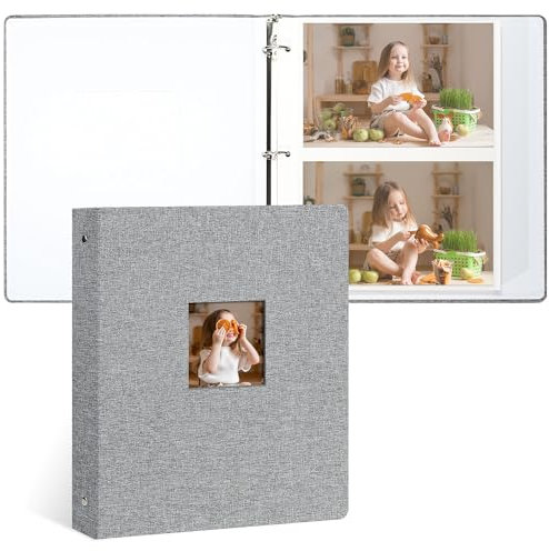 Vienrose Album Fotografico Autoadesivo, 3 Anelli, Copertina in Lino, 40 Fogli/80 Pagine, per Foto 10x15, 13x18, 18x24 cm (Grigio)