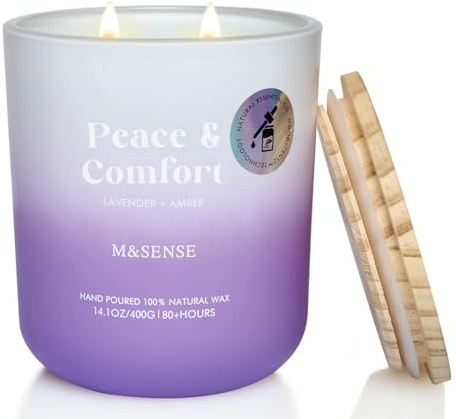 M&SENSE Lavender Amber Doftljus - 400g Giftfritt - 80 Timmar - Naturlig Sojavax - Aromaterapi för Spa & Yoga - Andlig Healing