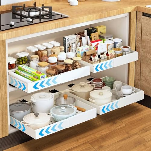 EOJDDPA Lot de 4 tiroirs extensibles télescopiques pour armoires de cuisine, largeur réglable de 31,5 à 52 cm, pas de perçage nécessaire, avec système de rails pour armoires de cuisine (blanc)