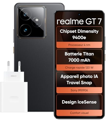 realme GT 7 Smartphone, 5G Dual SIM, 12 GB RAM, 256 GB ROM, 6,8 Zoll AMOLED Display, Dimensity 9400e Spitzen-Chipsatz, 7000 mAh Titan Akku, 50 MP Kamera, IceSense Schwarz (Ladegerät Enthalten)