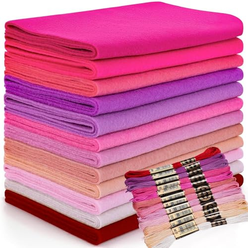 Wonninek 12 Rolls Soft Felt Sheets 20.5 x 90cm 1.4mm Thick Pink Series Assorted Colors Felt Pack with Embroidery Thread DIY Craft Sewing Nonwoven Patchwork
