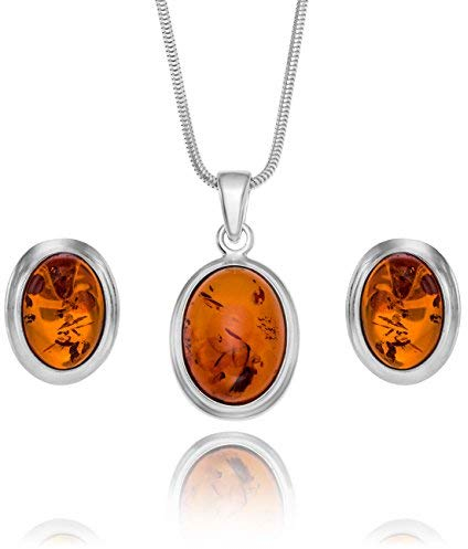 Copal Damen Schmuckset Mit Bernstein Anhänger Und Ohrringen Aus 925 Silber Mit Verstellbarer Schlangenkette