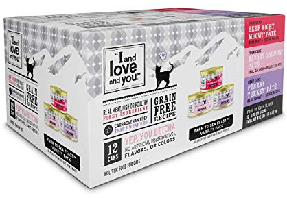 I AND LOVE AND YOU Naked Essentials Canned Wet Cat Food - Variety Pack: Beef Recipe, Salmon+Chicken Recipe, Turkey Recipe, 3-Ounce, Pack of 12 Cans, variety pack pate; beef, salmon, turkey