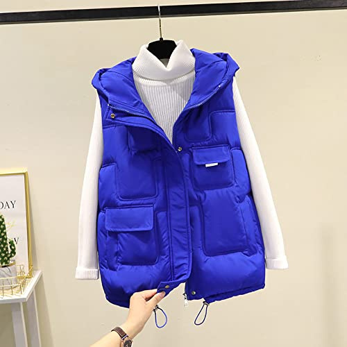 Chaleco Mujer,Chaleco Acolchado Para Mujer Con Capucha Moda Corto Azul Real Bolsillo Con Cremallera Chaleco Acolchado Chaleco A Prueba De Viento Chaqueta Casual Sin Mangas Abrigo De Invierno Chaleco