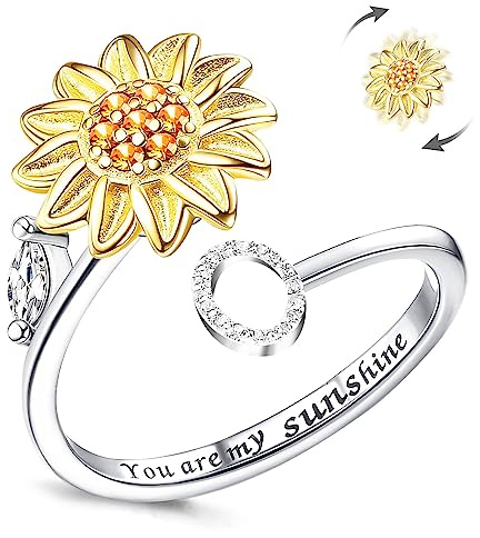 Fidget Ringar för kvinnor, Kucheed Sunflower Justerbar Storlek Spinner Ring, Silver Stapelbar Stress Relief Anti-Angest Letter Finger Circle, Graverad You Are My Sunshine Inuti Smyckesringen