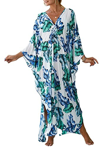 Bsubseach Donne Costume da Bagno Coprire Spiaggia Kaftan Abito Plus Size Caftan Estate Copertura Lunga ups Foglie