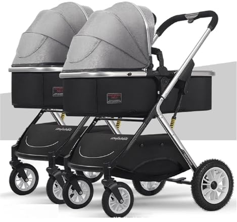 Rieort Tandem-Kinderwagen: Tragbarer Zwillings-Kinderwagen, Aluminiumlegierung, 4 Liegemodi, 360-Grad-Lenkung, Doppelsitz, Schwarz