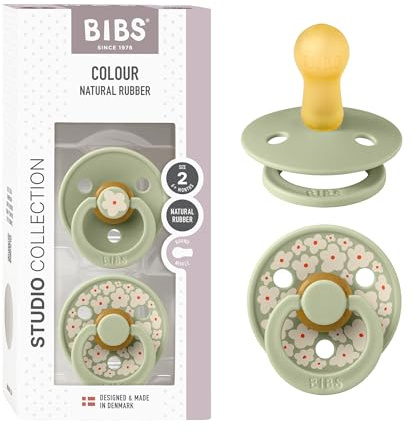 BIBS Colour Studio Soother 2-Pack, BPA Free Dummy Pacifier, Round Nipple. Natural Rubber Latex, Made in Denmark, Size 2 (6-18 Months), Jasmine Sage