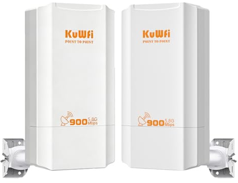 KuWFi WLAN Bridge 5,8 GHz, 900Mbps Outdoor Wireless Bridges, 2KM Point to Point WiFi Bridges,12dBi Antenne, 24V PoE, IP65 Wasserdicht Network Bridge für Starlink Router/Kameras/Garten/Scheune/Garage