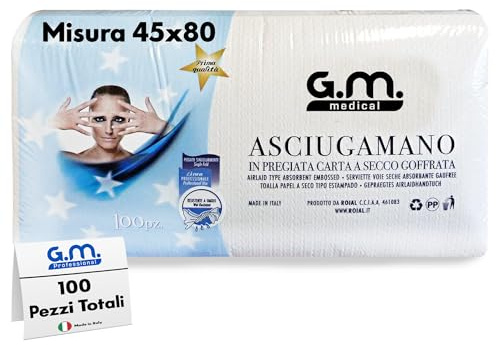 GM 100 Pezzi (Certificati) Asciugamani Monouso Goffrati, Misura 45x80cm, Morbidissima e Pregiata Carta a Secco a Nido D'ape, Parrucchieri, Estetisti, Pedicure, Hotel, Utilissimi x Casa