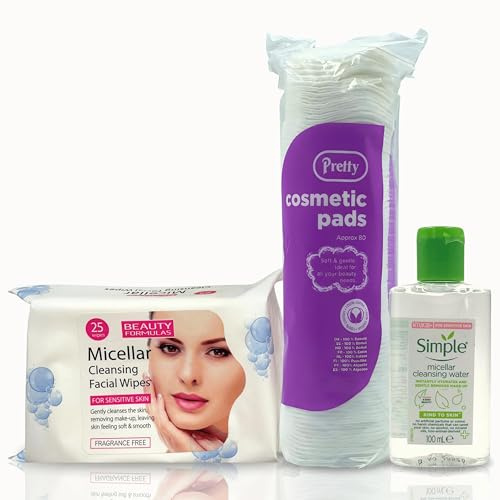 Micellar Cleansing Water 100ml with Cotton Pads & Facial Wipes – Travel Size Makeup Remover Set