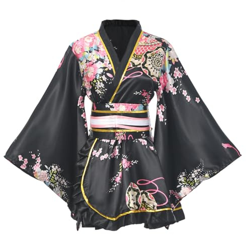 BPURB Kimono Costume Giapponese Tradizionale Geisha Yukata Cosplay Donne Sexy Fiori di Ciliegio Patten Accappatoio Da Notte Con Cintura Obi, Nero, L