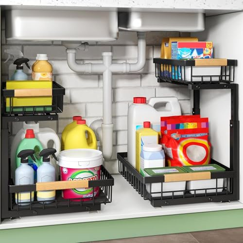 Kitstorack Metal Organizador Fregadero, 2 Niveles Organizador Extraíble Estante Almacenamiento Debajo Fregadero Para Cocina, Baño, Negro