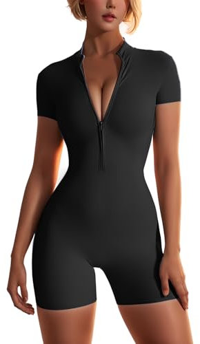 WINHUNT Damen-Yoga-Jumpsuits, Workout, gerippt, kurze Ärmel, Reißverschluss vorne, Sport-Jumpsuits