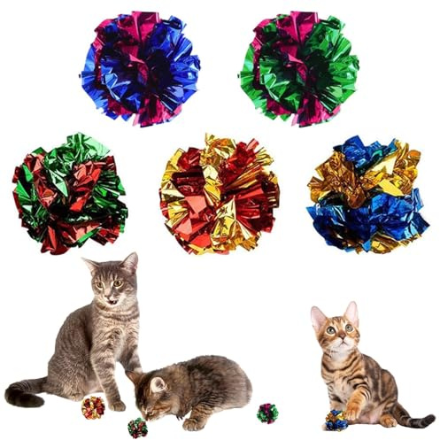 GSDGV 5 PCS Cat Crinkle Ball Toys, Colorful Balls Chew Cat Play Toy, Chase Cat Mylar Crinkle Balls, Indoor Cats Interactive Ball Toy for Kittens and Adult Cats(5 Colours)