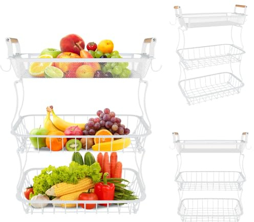 OHMG - Cesta de frutas de 3 niveles con 2 perchas para plátanos, cesta de frutas y verduras para encimera de cocina, cesta de malla metálica, soporte de frutas para cebollas, aperitivos y verduras