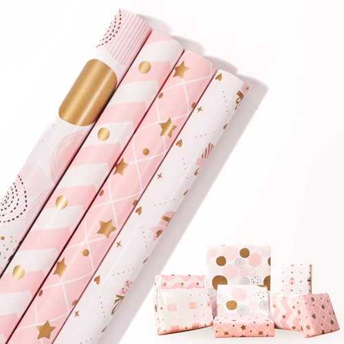 Pink Birthday Wrapping Paper Roll,4 Rolls Pink Gift Wrapping Paper,Girls Gift Wrap paper for Birthday,Party,Baby Shower, Wedding,Mother's Day,Christmas,Festive Decorations,43cm x 3M