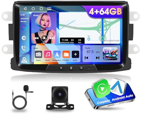 Autorradio Android 15 con 4+64 GB para Dacia Duster Sandero Logan Dokker A-pple Carpaly, 2 DIN 8’’ Estéreo Cuatro Núcleos Android Auto Radio, Bluetooth 5.0, GPS, 32 EQ, WiFi, Radio FM/RDS,Cámara+Mic