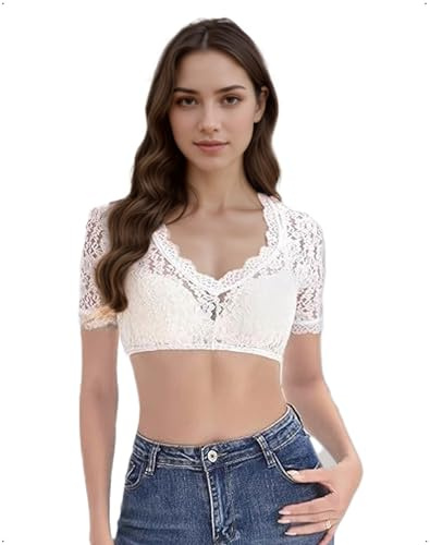EMOTTOS Chemisier à Col en V pour Femme, Manches Courtes Dirndl Costume Bavarois élégant, Broderie en Maille, Blouse Traditionnelle pour L'Oktoberfest, Blanc, S