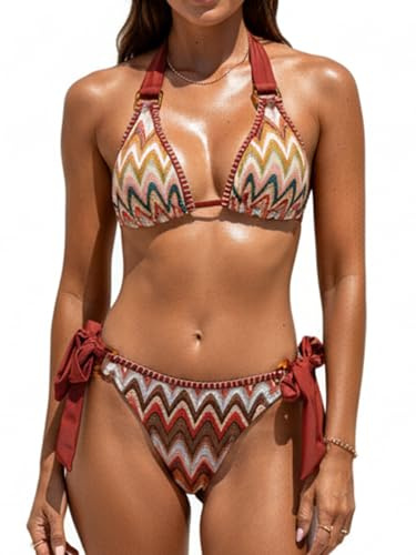 CUPSHE Maillot de bain deux pièces pour femme - Col en V - Dos nu - Taille basse - Bas coquin - Nœud latéral texturé, Bordeaux/rayé, Taille L