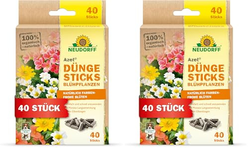 Neudorff Azet DüngeSticks für Blühpflanzen – Bio Düngestäbchen für kräftiges Wachstum und vielen farbenfrohe Blüten mit Sofort- & Langzeitwirkung, 40 Stück (Packung mit 2)