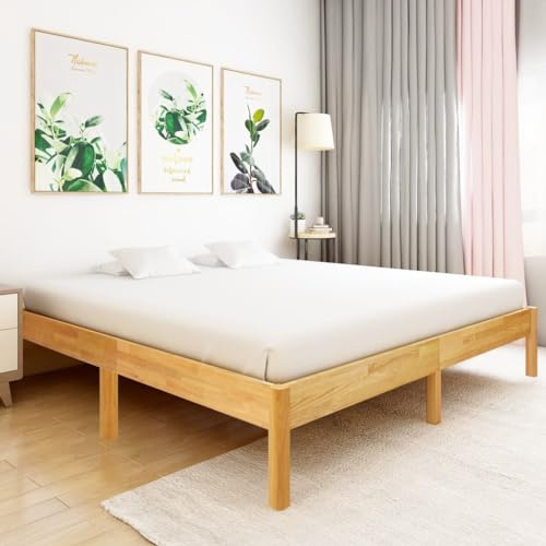 QUAHEAS Lit en chêne massif 180 x 200 cm, cadre de lit robuste en bois naturel pour chambre à coucher, lit plateforme élégant sans sommier à lattes, design durable