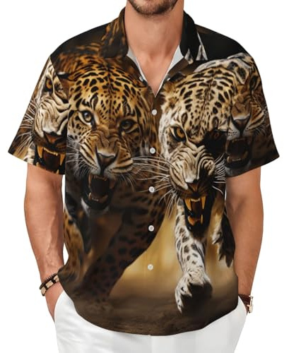 jngmeng Leopard Tiger Print Men's Short Sleeve Shirt Lightweight Breathable Casual Office Summer Vacation Wear