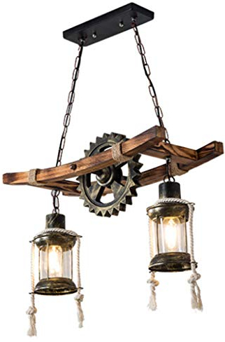 Hanfseil Leuchter Holz Pendelleuchte Antik Vintage Hängeleuchte E27 Esszimmer Kronleuchter Industrial Schmiedeeisen Hängelampe Retro Rustikale Pendellampe Schlafzimmer Wohnzimmer Droplights 2 Lichter