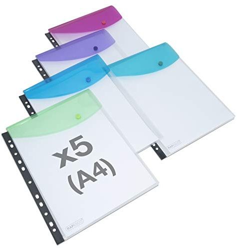 Rapesco 1630 Cartellina Portadocumenti per Raccoglitore ad Anelli, A4, Colori Trasparenti Assortiti, Confezione da 5