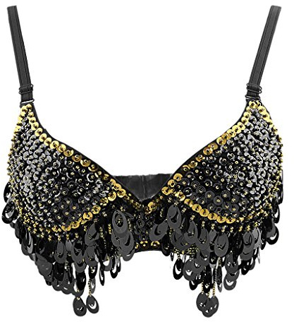 Sharplace Belly Dance Bra Top with Tassels Sequins Trimming Costume, Black