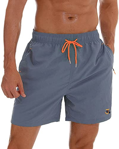 JustSun Mens Swimming Shorts with Zip Pockets Swim Board Shorts Quick Dry Beach Shorts Swim Trunks Surf Shorts Mesh Lining Grey X-Large