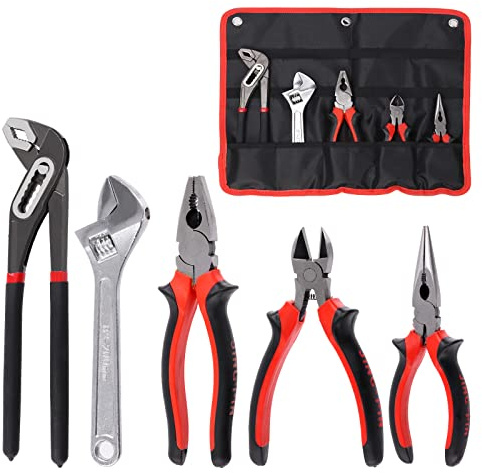 Swpeet Set di pinze da 5 pezzi con kit assortito di custodia, tra cui pinza a linguetta e scanalatura, pinze per pompa dell'acqua, naso lungo, taglio diagonale, pinze di bloccaggio, chiave regolabile