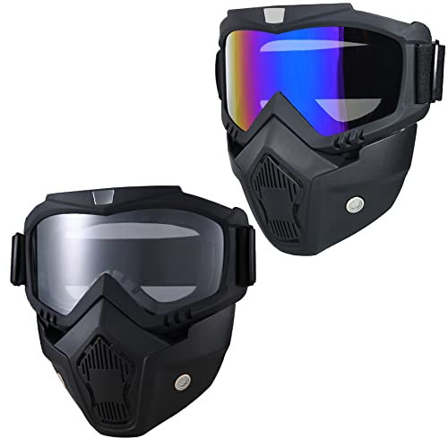 2 PCS Paintball Mask Anti Fog,Tactical Full Face Mask Ski Mask Goggles Detachable Adjustable,Motorcycle Riding Face Protection (Colorful/Transparent)
