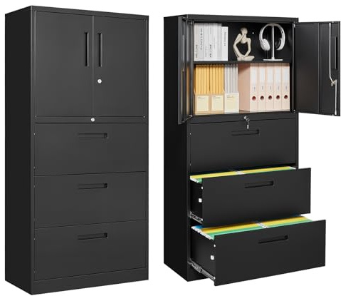 PEUKC 3-Drawer Metal File Cabinet, Lateral Vertical Filing Cabinets for Home Office, Locking File Cabinets with Storage Shelves, Legal/Letter/A4 Size Office File Cabinet (Black, Assemble Required)